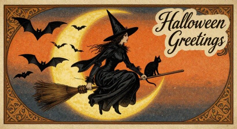 Vintage Halloween illustration of a witch on a broomstick with a black cat, flying past a golden crescent moon and bats, with “Halloween Greetings” text
