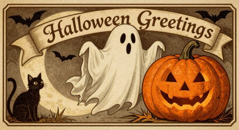 Vintage Halloween greetings with ghost, jack-o’-lantern, black cat, and bats