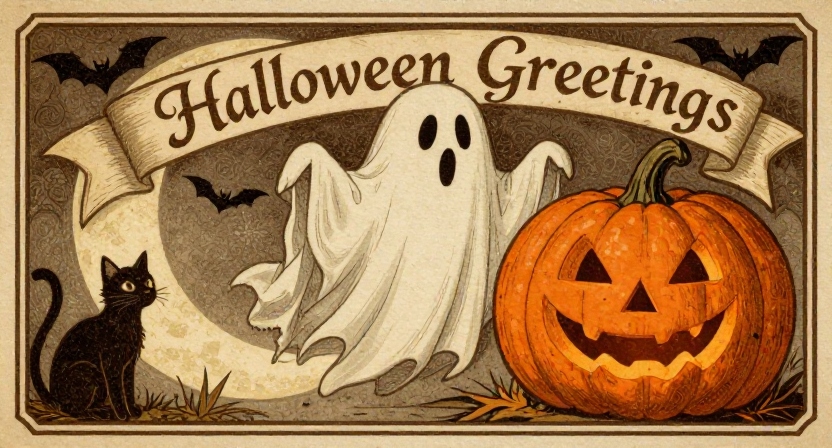 Vintage Halloween greetings with ghost, jack-o’-lantern, black cat, and bats