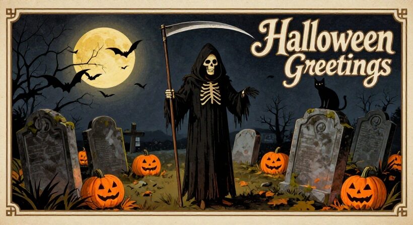 Grim reaper holding a scythe in a graveyard with pumpkins, bats, a black cat, and a full moon, with "Halloween Greetings" text