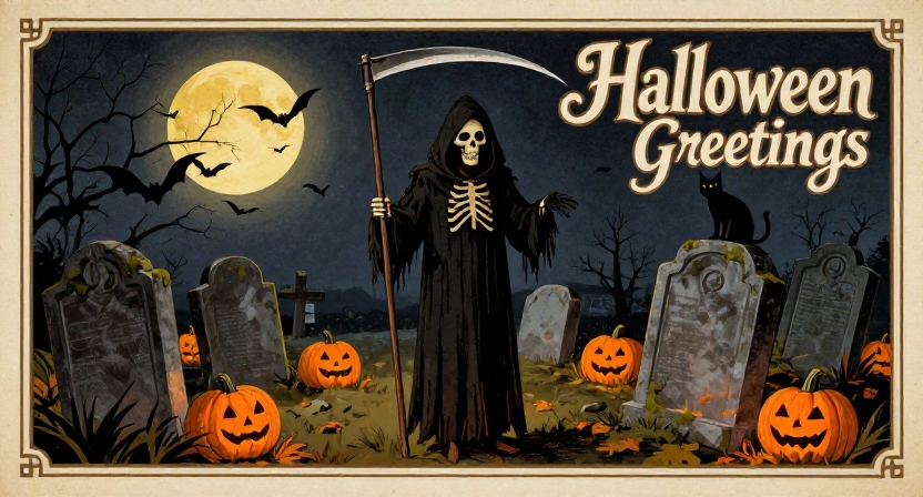 Grim reaper holding a scythe in a graveyard with pumpkins, bats, a black cat, and a full moon, with "Halloween Greetings" text