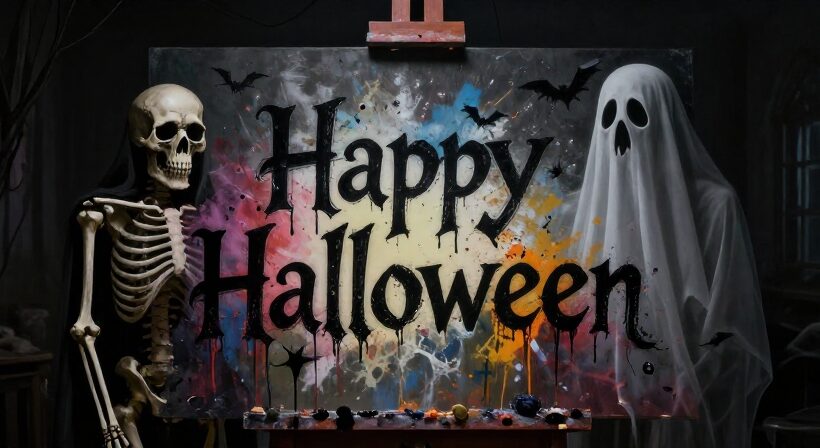 Skeleton and ghost beside a painted Happy Halloween sign with bats and colorful splashes