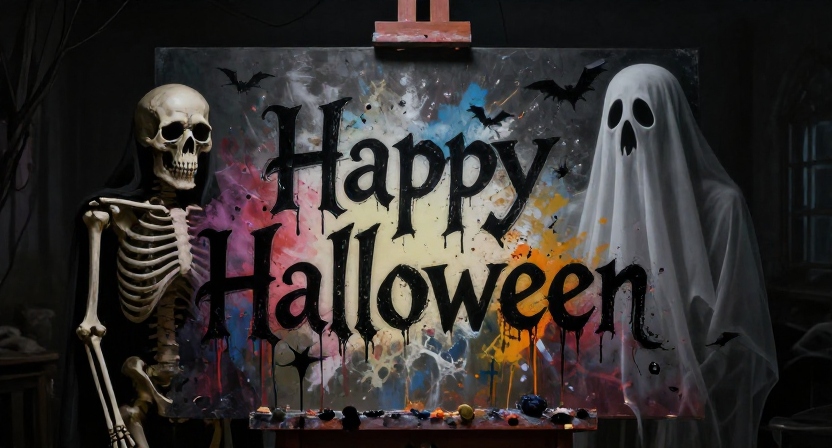 Skeleton and ghost beside a painted Happy Halloween sign with bats and colorful splashes