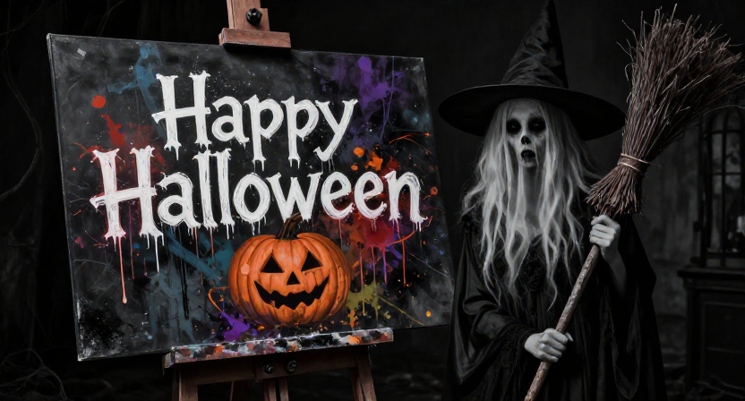 Halloween witch holding a broom beside a colorful Happy Halloween sign with a jack-o’-lantern